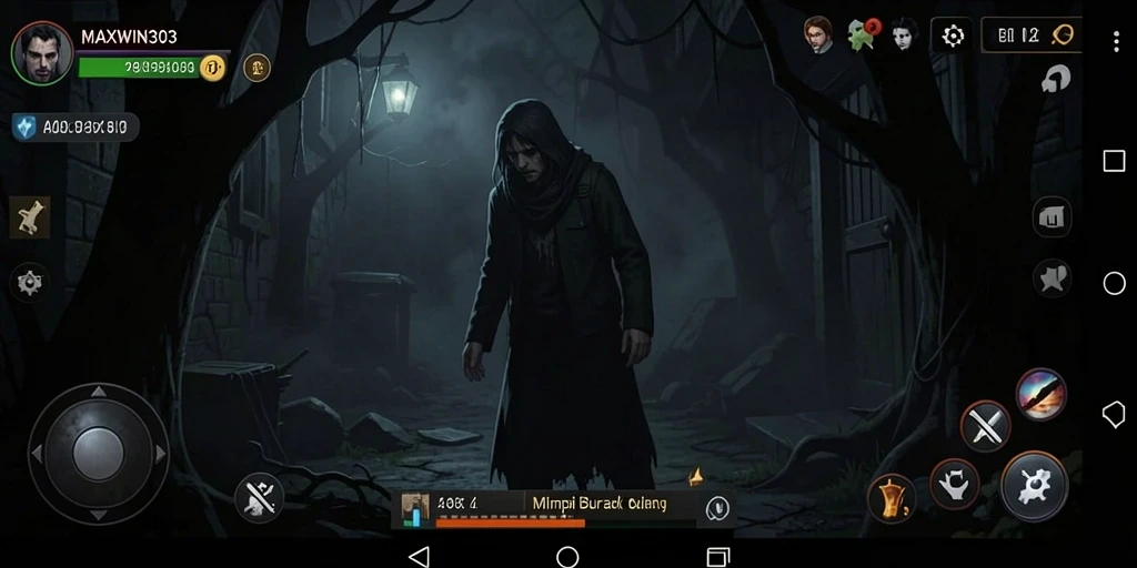 Screenshot gameplay MAXWIN303 menampilkan kegelapan yang menakutkan dan elemen horor.