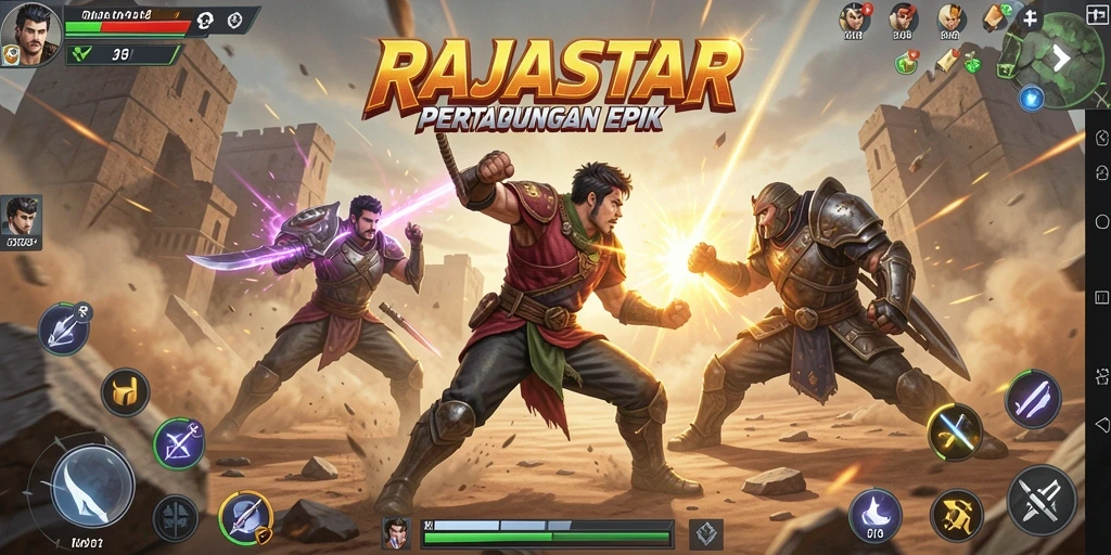 Tangkapan layar RAJASTAR menampilkan aksi seru dalam pertempuran.